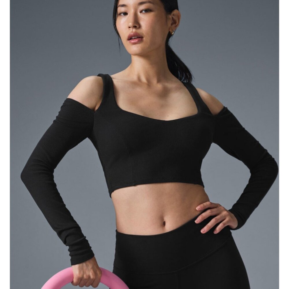 Alo Ribbed Cropped Butterfly Long Sleeve Black Open Cold Shoulder Cut-Out Cutout